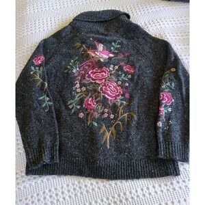 Sundance Merino Wool Embroidery Floral Birding Cardigan Sweater Button Sz Large